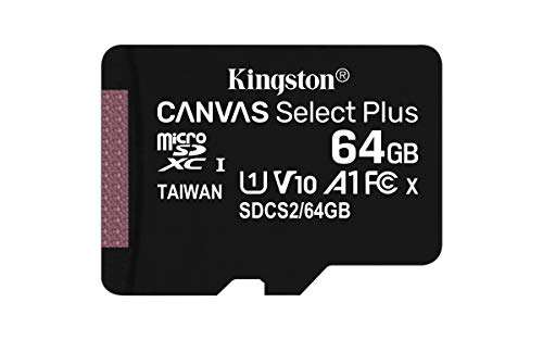Kingston Canvas Select Plus microSD Card SDCS2/64 GB SP Class 10 64GB with SD adapter- £5.05 / 128GB with SD adapter- £7.19 @ Amazon