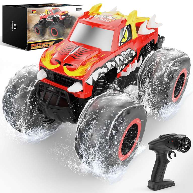 DEERC Fire Dragon Remote Control Car 1:16,4WD Off-Road Monster Truck with 2 Batteries for Land and Water W/voucher, Sold By FunnyflyEUR FBA