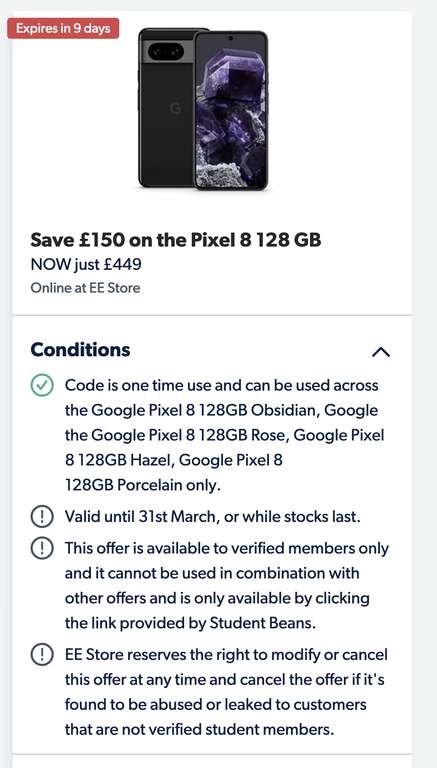 Google Pixel 8 128GB - various colours - using studentbeans code