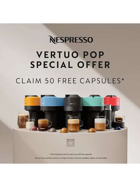 Nespresso Vertuo Pop Coffee Pod Machine by Krups £49.99 plus claim 50 free pods + Free Collection @ John Lewis & Partners