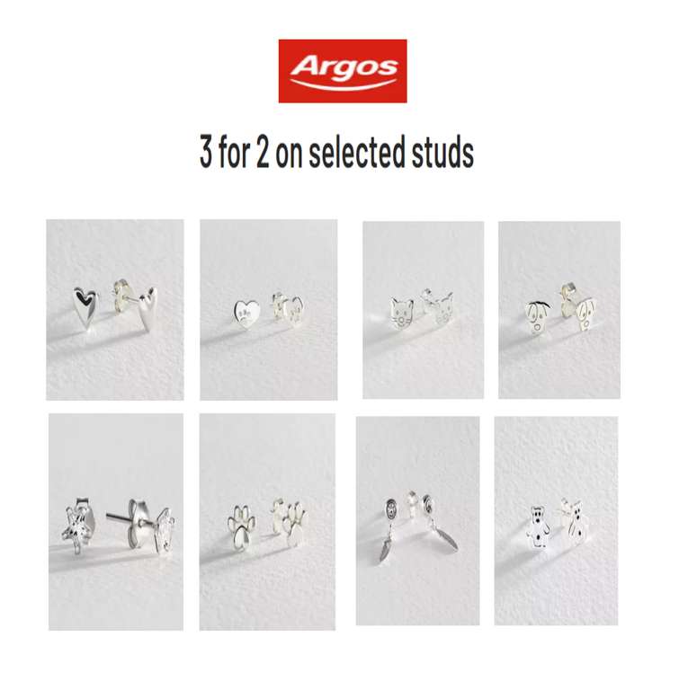 3 for 2 on selected sterling silver studs prices from £4.99 + Free click and collect @ Argos