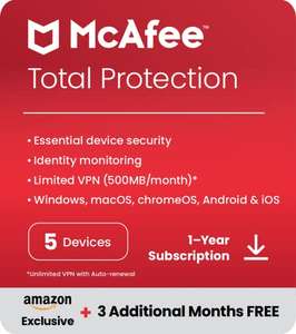 McAfee Total Protection 2023 Amazon Exclusive | 5 Device | Antivirus Internet Security Software | 12 Months + 3 Free £13.99 @ Amazon