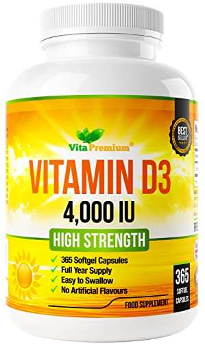 Vitamin D 4,000 IU, Maximum Strength Vitamin D3, 365 Easy to Swallow Softgels £6.60 with voucher sold by VitaPremium / Dispatched by Amazon