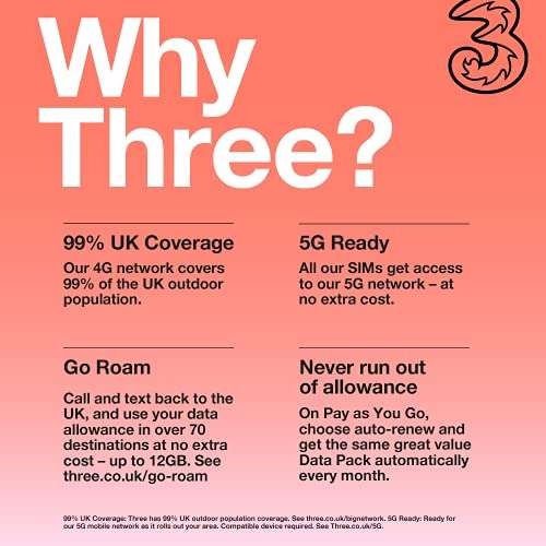 Three Mobile 16GB Pre Loaded Data Pay As You Go Sim - Valid for 30 days, Go Roam. - £8.19 (Or Get 30GB for £11.50 / 50GB - £13.20) @ Amazon