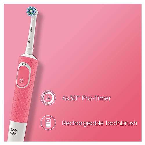 Oral-B Vitality Plus Electric Toothbrush, 1 Handle, 2 3D White Toothbrush Heads, 1 Mode with 2D Cleaning, 2 Pin UK Plug, Pink