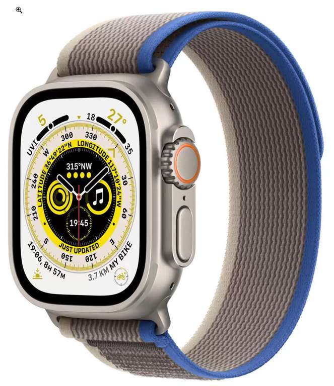 Apple Watch Ultra GPS + Cellular, 49mm Titanium Case with choice of Alpine/Trail Loop (Orange, Green, Starlight, Yellow/Beige or Blue/Grey)