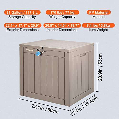 VEVOR Deck Box, 31 Gallon Outdoor Storage Box, 22.1" x 17.1" x 20.9", Waterproof PP Deckbox with Aluminum Alloy Padlock within 2-3 months