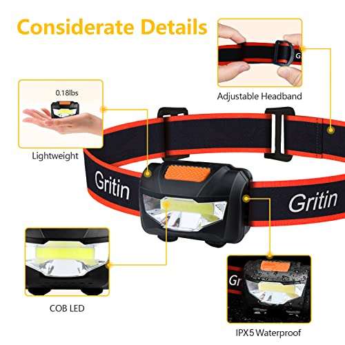 Gritin LED Head Torch, [2 Pack] COB Headlamp Super Bright Headlight (batteries included) - £5.70 Sold by Accer Trading Limited LTD @ Amazon