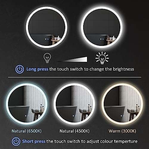 kleankin Round Bathroom Mirror with LED Lights, Wall-Mounted Dimmable 70x70cm with voucher - Sold by MHSTAR
