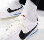 Men’s Nike Cortez leather trainers in white black and blue