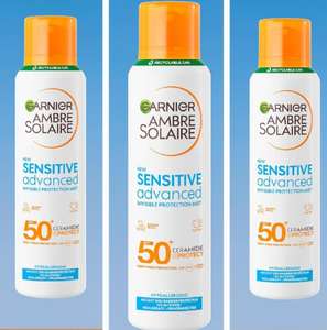3 x Garnier Ambre Solaire SPF 50+ Sensitive Dry Mist Sun Cream Spray Water Resistant Sunscreen Fragrance Free 150ml (3 For 2 + half price)