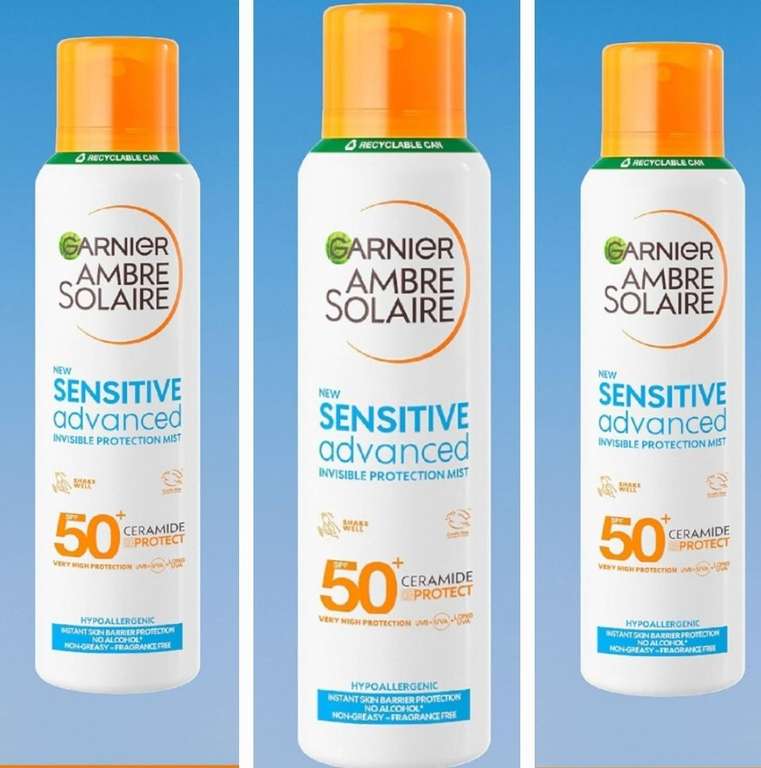 3 for 2 Garnier Ambre Solaire SPF 50+ Sensitive Advanced Dry Mist Sun Cream Spray, Water Resistant Non Greasy Sunscreen Fragrance Free 150ml