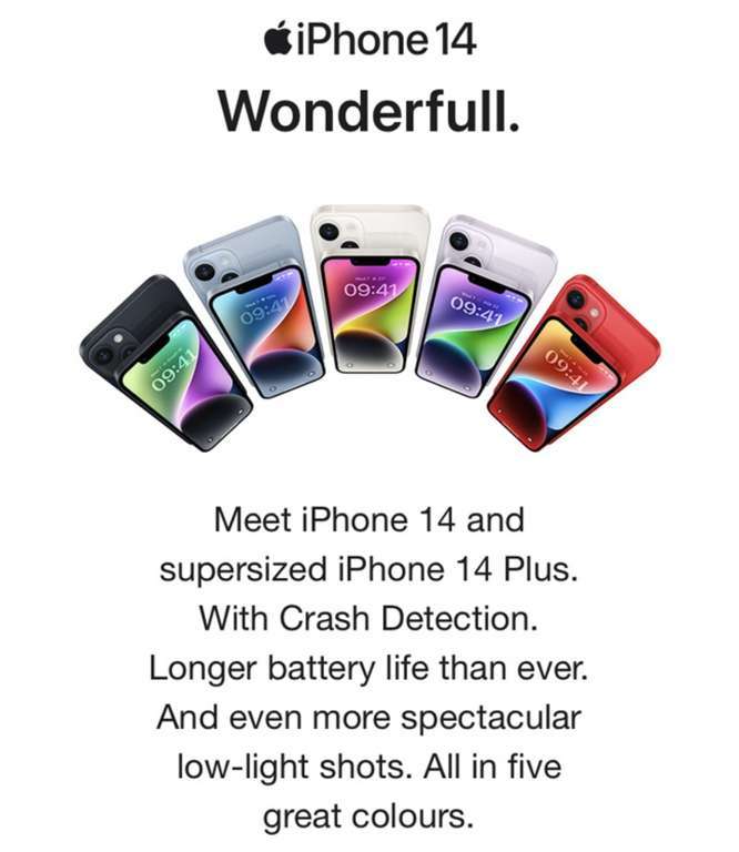 Apple iPhone 14 128GB - Three 100GB data + unlimited min / text + £249 upfront + £14pm / 24m = £585 (£35 Topcashback) @ Mobile Phones Direct