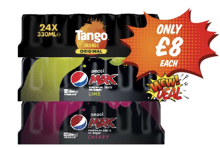 24 Cans of Tango Original, Pepsi Max Lime, Max Cherry £8