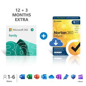 Microsoft 365 Family + Norton 360 Deluxe | 15-Month Subscription | Up to 6 People Sold by Amazon Media EU S.à r.l.