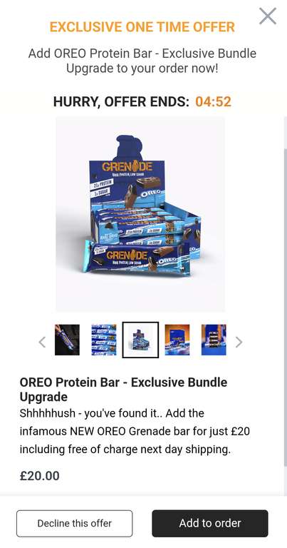 Grenade Oreo High Protein, Low Sugar Bar - 24 x 60g x2 £45 (£36 with newsletter sign up) @ Grenade
