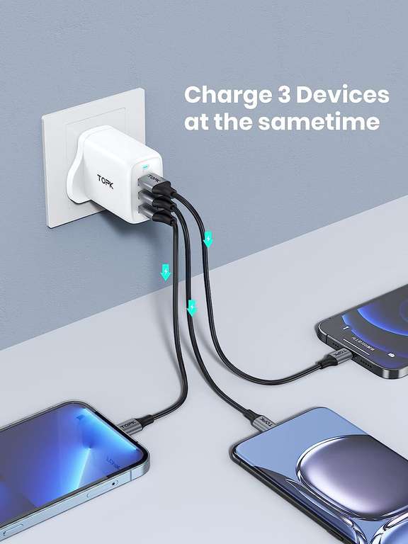 TOPK USB Plug Adaptor UK, 30W(18+12W) Fast Charge 3 Ports Multi USB Wall Charger Plug Quick Charge 3.0 (£3 voucher) sold by TopK
