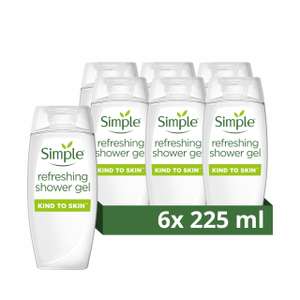 Simple Refreshing Shower Gel body wash with natural cucumber extract for dry skin 6x 225 ml. (£5.30-£5.70 with subscribe & save)