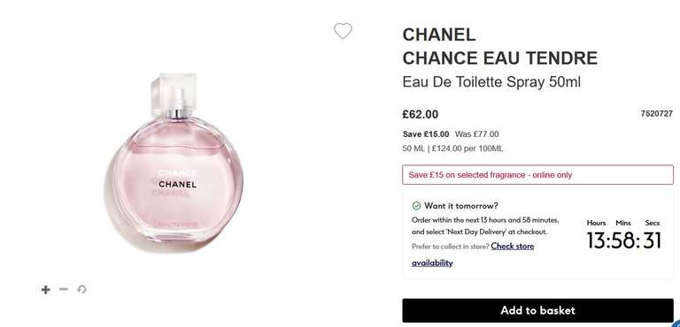 Chanel Chance Eau Tendre Eau De Toilette Spray 50ml - £55.80 With Code + Free Delivery @ Boots