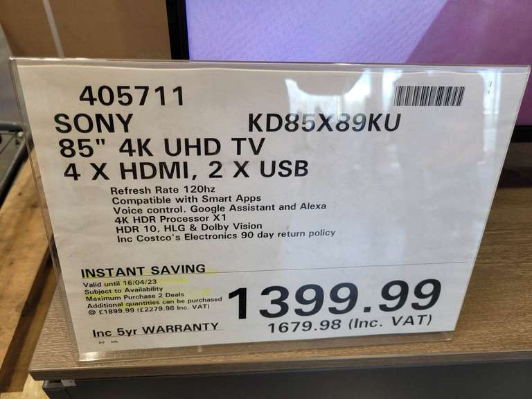 Sony KD85X89KU 85 Inch 4K Ultra HD Smart Google TV £1,679.98 at Costco