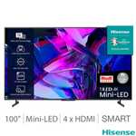 Hisense 100U7KQTUK 100 Inch Mini LED 4K UHD Smart TV & 5 Year Warranty