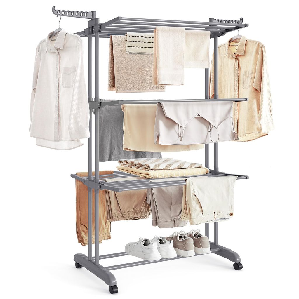 SONGMICS Large Clothes Airer, Foldable Clothes Drying Rack 4-Tier, Moveable, 64 x 126 x 172 cm, Stainless Steel, Grey / White / Black
