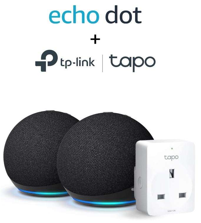 Echo Dot (5th generation, 2022 release), 2-pack + TP-Link Tapo P110 Smart Plug w/ Energy Monitoring - £49.99 (Prime Exclusive) @ Amazon