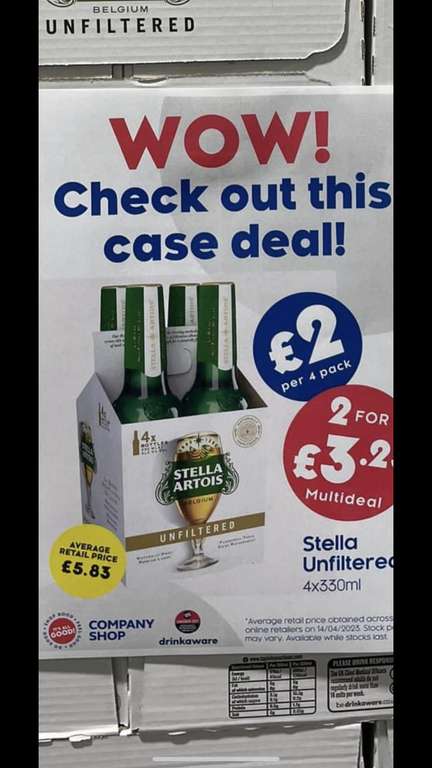 Stella Artois unfiltered £2 for 4 or 2 for 3.25 instore @ The Company Shop, Middleton