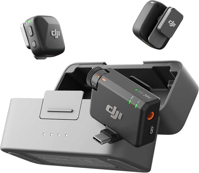 DJI Mic Mini (2 TX + 1 RX + Charging Case), Wireless Lavalier Microphone, Detail-Rich Audio, 48h Use, Noise Cancelling, Automatic Limiting