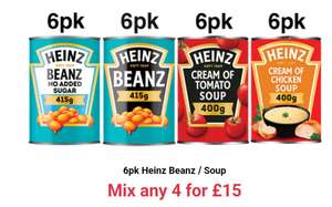 Heinz Beans / Soup (chicken/Tomato) 6 pack - any 4 for £15
