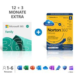 Microsoft 365 Family 12+3 Months | 6 Users | Symantec - Sold by Amazon Media EU Sarl