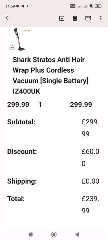 Shark Stratos Anti Hair Wrap Plus Cordless Vacuum [Single Battery] IZ400UK £299.99 / £239.99 with blue light card @ Shark