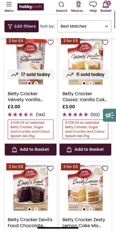 Offer Stack 9 x Betty Crocker Cake Mixes & Icing Pots mix and match £13 with code (£1.44 each) + Free Collection @ Hobbycraft