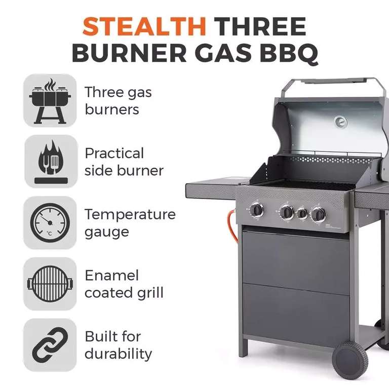 Tower Stealth 3000 3 Burner BBQ Side Burner/Table Precision Thermometer Rust Proof Design 3 Yr Warranty £179.99 With Code @ Tower Housewares