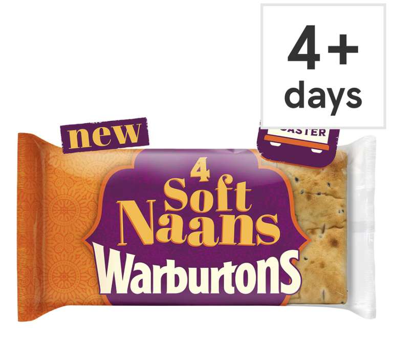 Warburtons 4 Soft Toaster Naans - With Code (Min Spend & Delivery Charges Apply)