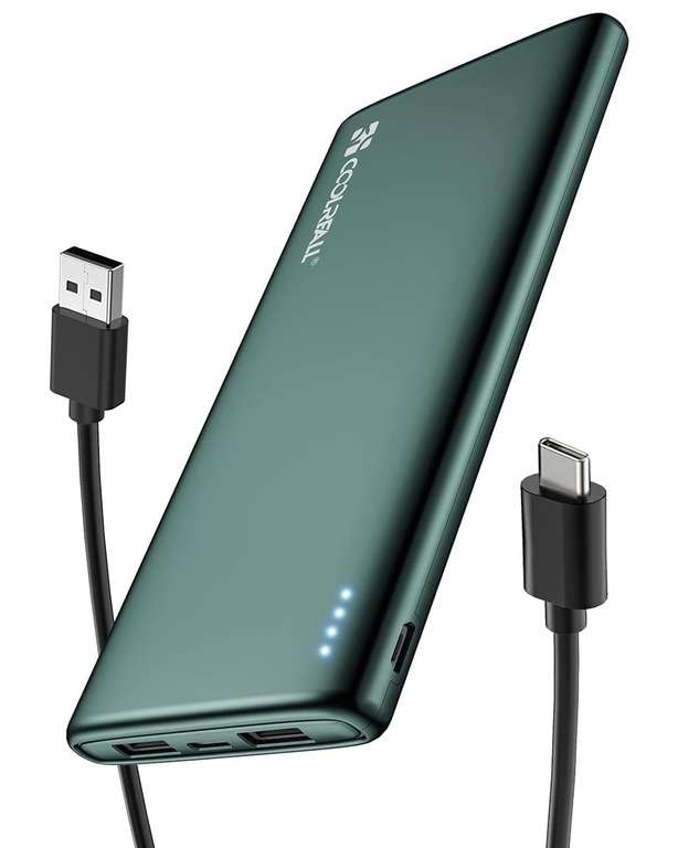 Coolreall Power Bank 10000 mAh, Slim & Light, USB-C (In & Out), 2 USB Ports Output & Micro USB Input (sold by EU-ZJD) with voucher