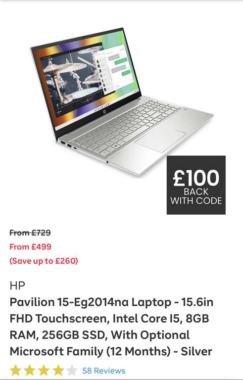 HP Pavilion 15-Eg2014na Laptop 15.6" FHD Touchscreen Intel Core I5 8GB RAM 256GB SSD £499 + £3.99 delivery & £100 cashback with code @ Very
