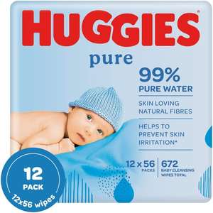 Huggies Pure, Baby Wipes, 12 Packs (672 Wipes Total) - £8 / £7.60 S&S @ Amazon