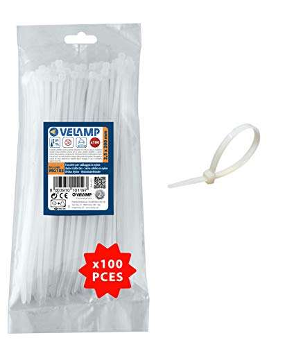Velamp Kit of 100 Ties-2.5x200 mm Cable clamp, Nylon 6.6, Hyper-Resistant, White