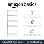 Amazon Basics 5-Shelf Narrow Storage Unit Height Adjustable Shelves, Levelling Feet, 453kg Max Weight, Chrome, 34cm D x 58.9cm W x 152.5cm