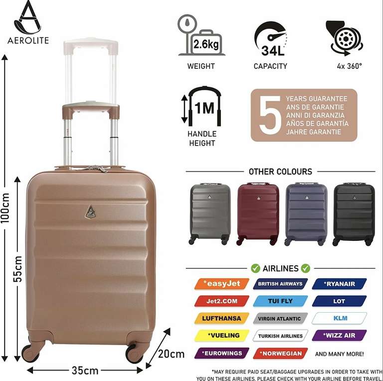 Aerolite Lightweight 55cm Hard Shell 4 Wheel Cabin Hand Luggage Suitcase 21" (55x35x20cm) Rose Gold - £42.99 @ Aerolite Luggage