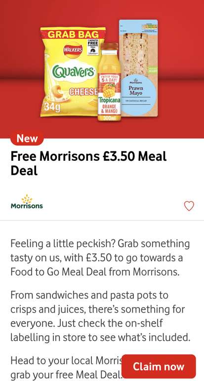 Free Morrisons meal deal £3.50 via Vodafone VeryMe