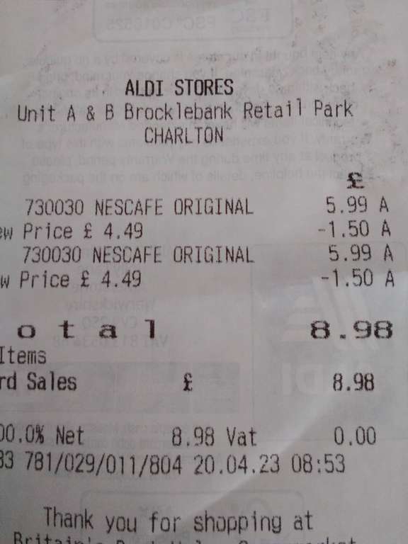 Middle of Aldi Nescafe Original 300 grams - £4.49 @ Aldi Charlton