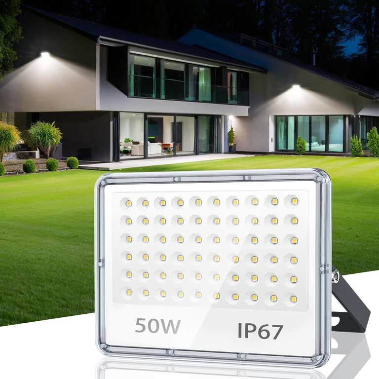 50W LED Floodlight, 5000LM, IP67 Waterproof, 6500K Daylight, Outdoor Security Light, Voucher Price, Sold by JUPAIEU / FBA