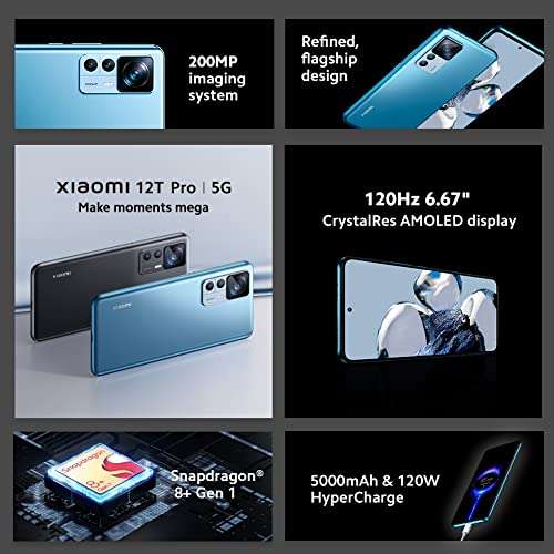 Xiaomi 12T Pro 5G - Smartphone 8+256GB, 6.67” 120Hz CrystalRes AMOLED Display, Snapdragon 8+ Gen 1, 200MP ultimate Camera, Smart 120W charge