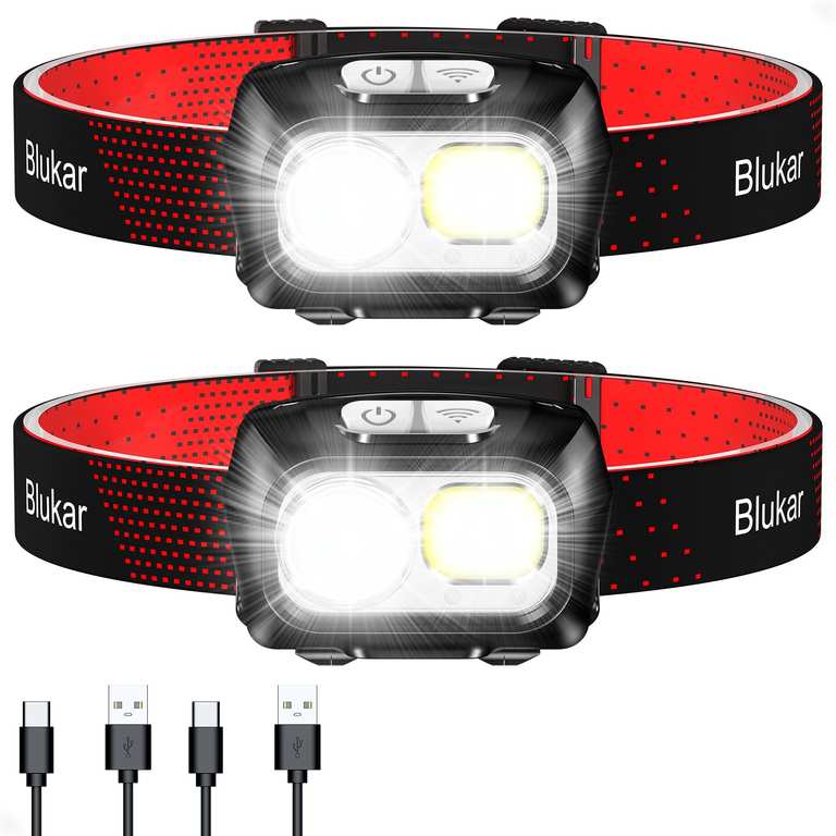 Blukar Head Torch Rechargeable, 2 Pack 2000L Super Bright Headlamp Headlight with 8 Light Modes, Waterproof Amazon Sold by Flying-Store
