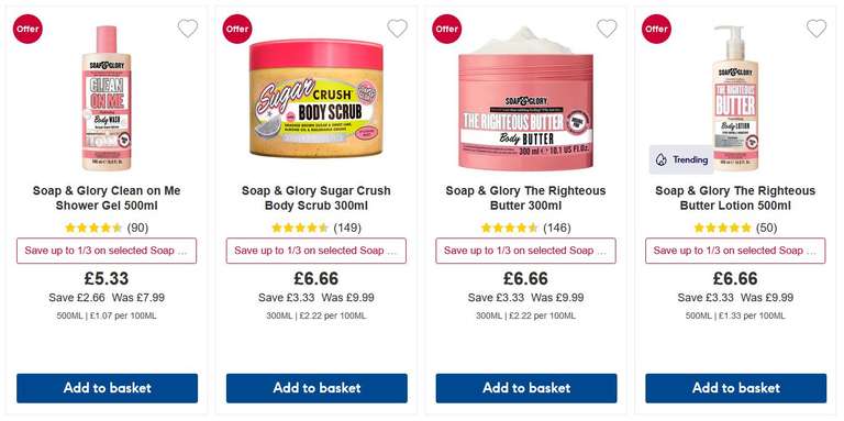 Save up to 1/3 on selected Soap & Glory E.G. Clean on Me Shower Gel 500ml £5.33, Sugar Crush Body Scrub 300ml £6.66 + £1.50 C&C @ Boots