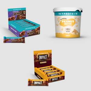 Myprotein Bundle Idea: 1KG Peanut Butter + 12 Impact Protein Bars (Various Flavours) + 12 Hazelnut Whip Bars & Free Delivery