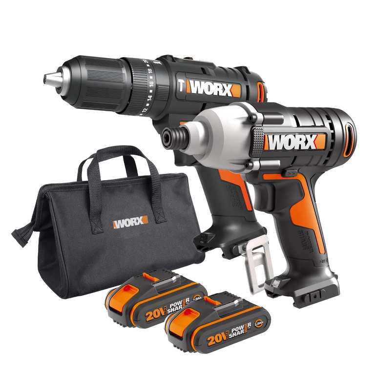 WORX WX902 Powershare Cordless Impact Driver + Hammer Drill Twin Pack with 2X 2.0Ah Batteries, Charger & Bag - W/Code - WORX DIY and Garden