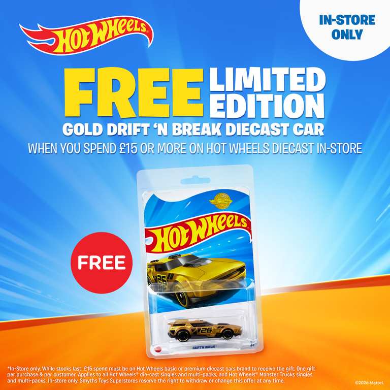 Free Limited Edition Hot Wheels Gold Drift 'n Break Car When You Spend £15 on Hot Wheels Diecast (In-Store)